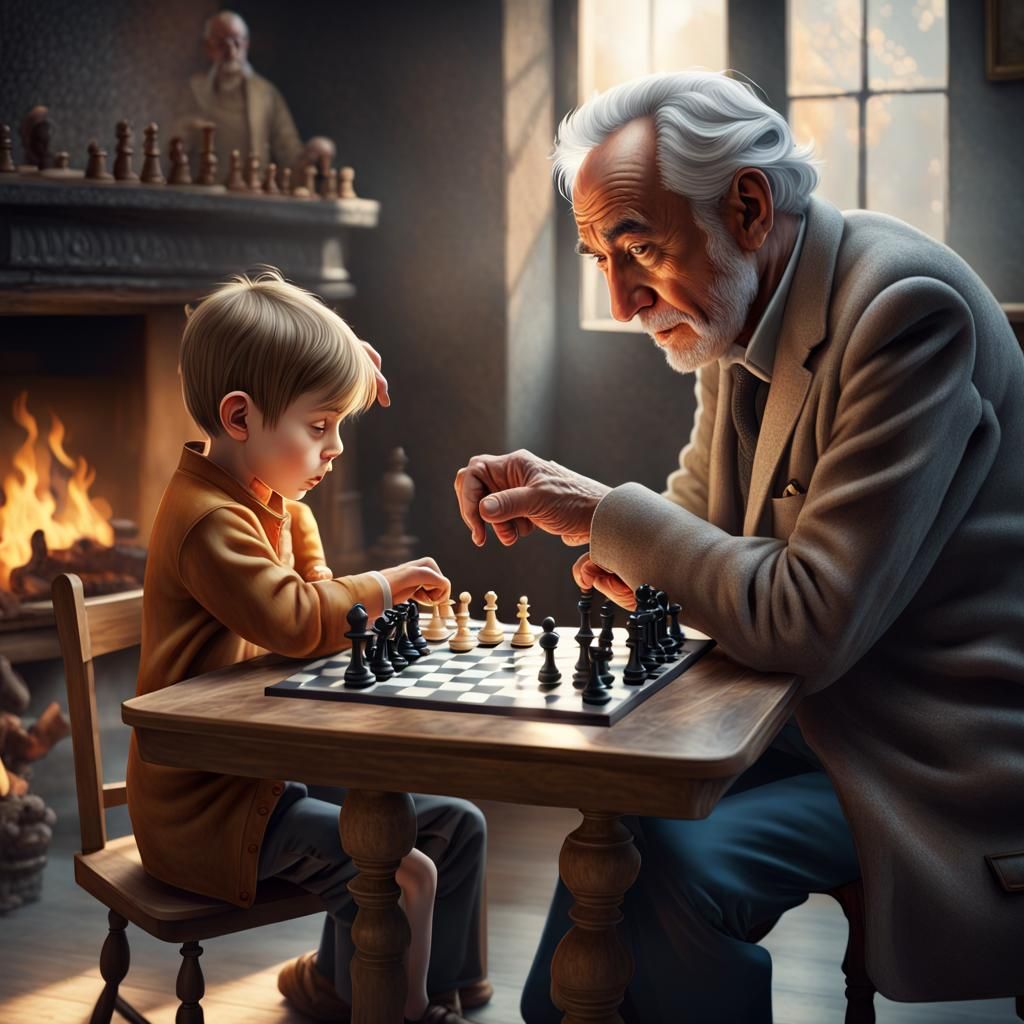 Hyperrealistic Grandfather and Child Playing Chess