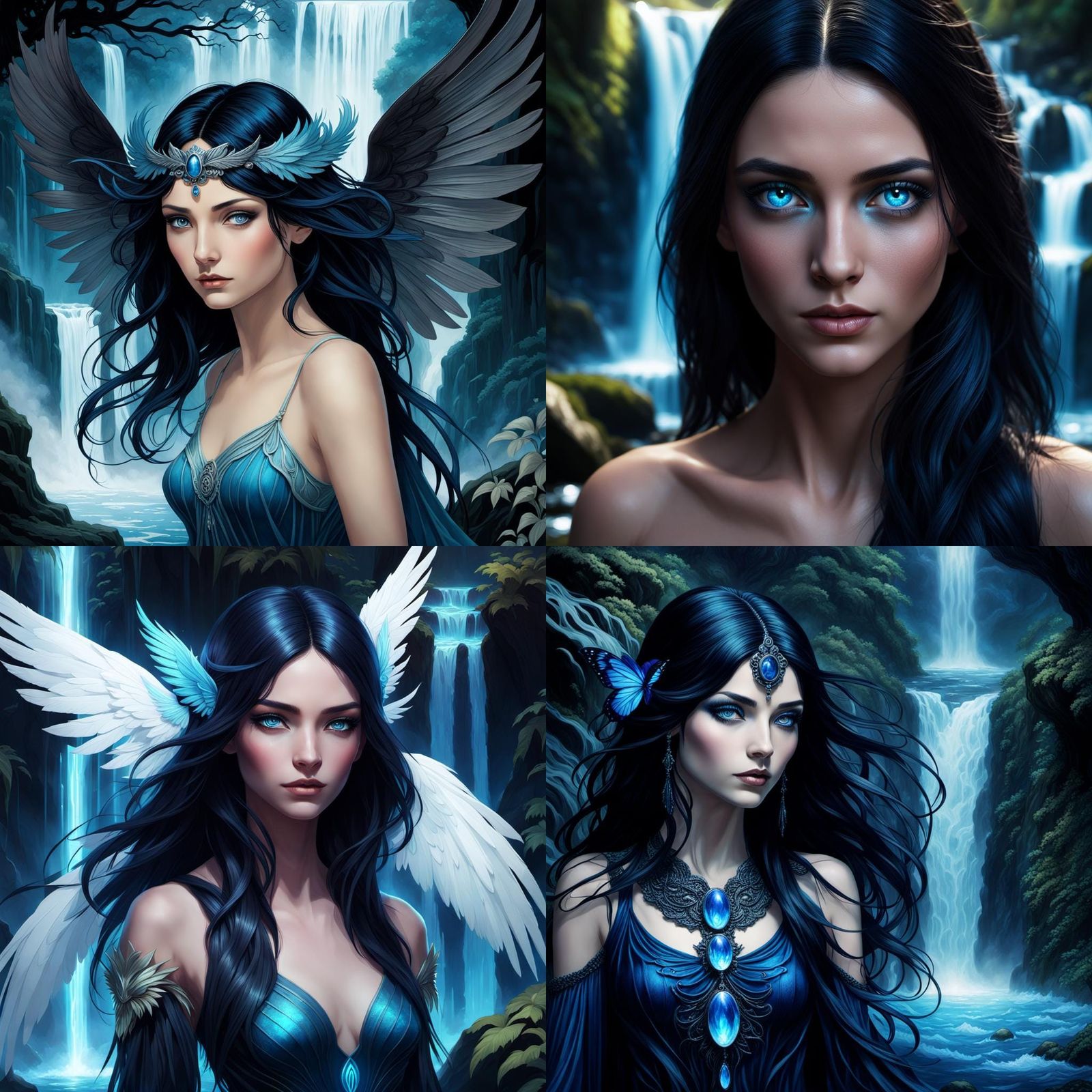 Gorgeous Dark Fairy Woman at Waterfall in Fantasy Art