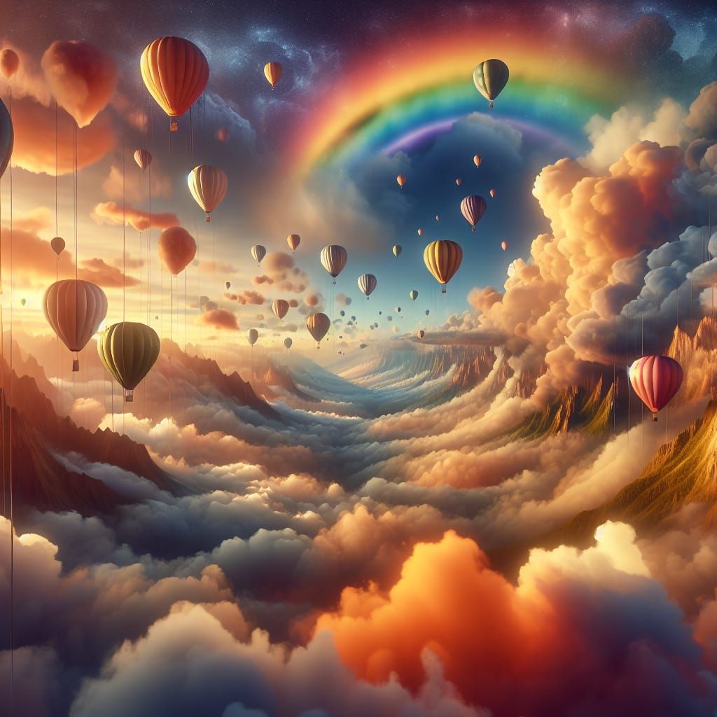 Surreal Hot Air Balloons Over Floating Mountains