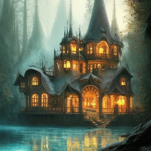Magical Castle on Lake Under Starry Night Sky