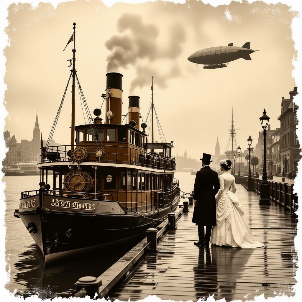 Steampunk Victorian Harbor with Airship and Steamboat