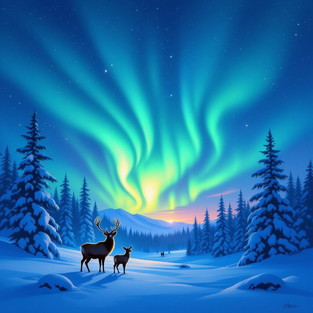 Aurora Borealis Over Snow Forest With Deer