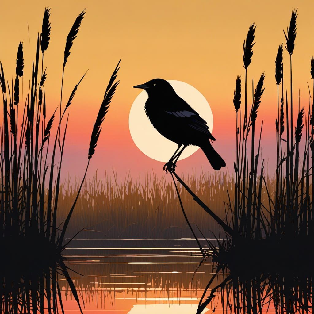 Redwing Blackbird Silhouette in Alcohol Ink and Watercolor