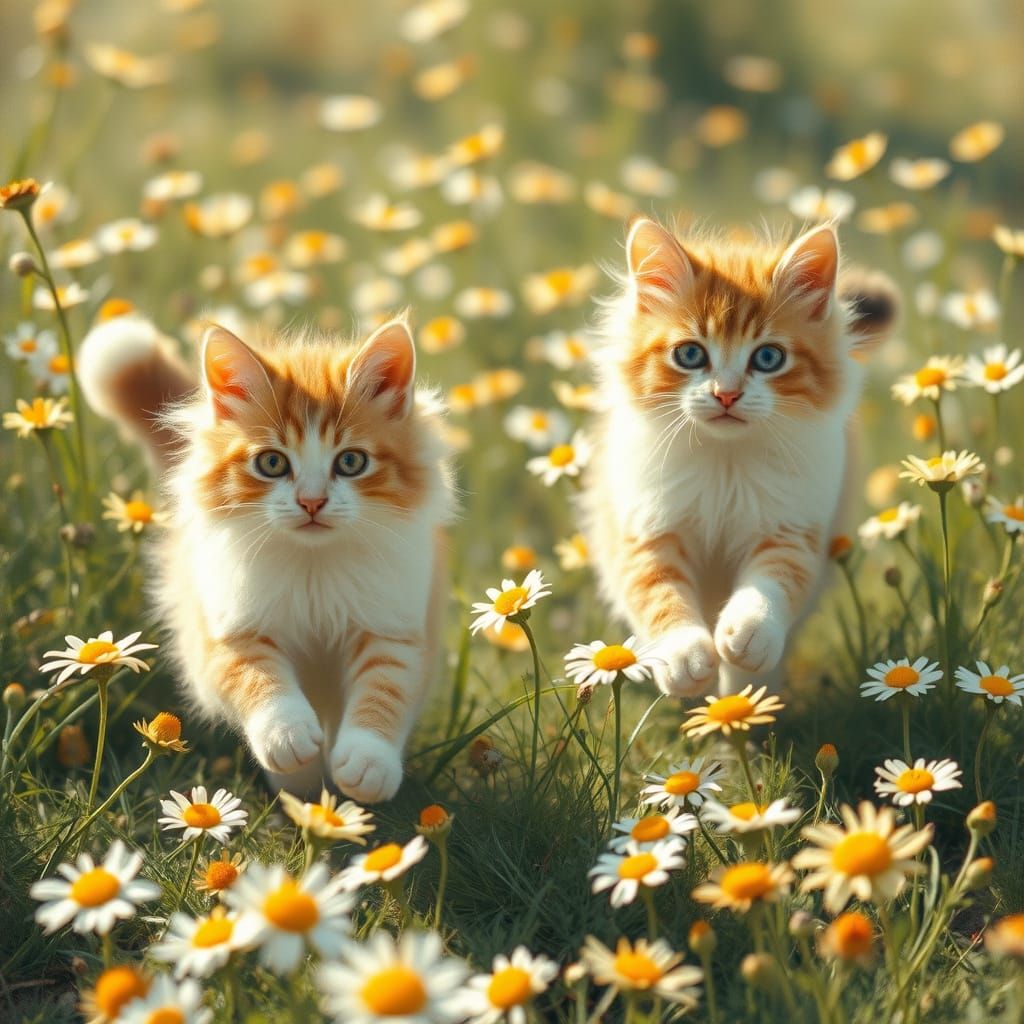 Whimsical Cats in a Lush Daisy Meadow