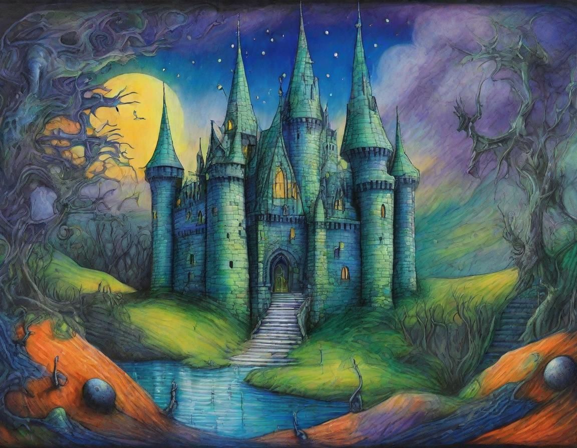 Surreal Medieval Castle in Dimly Lit Charcoal Drawing