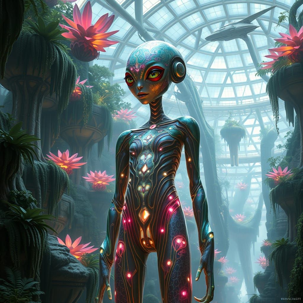 Futuristic Post-Human in Bioluminescent City