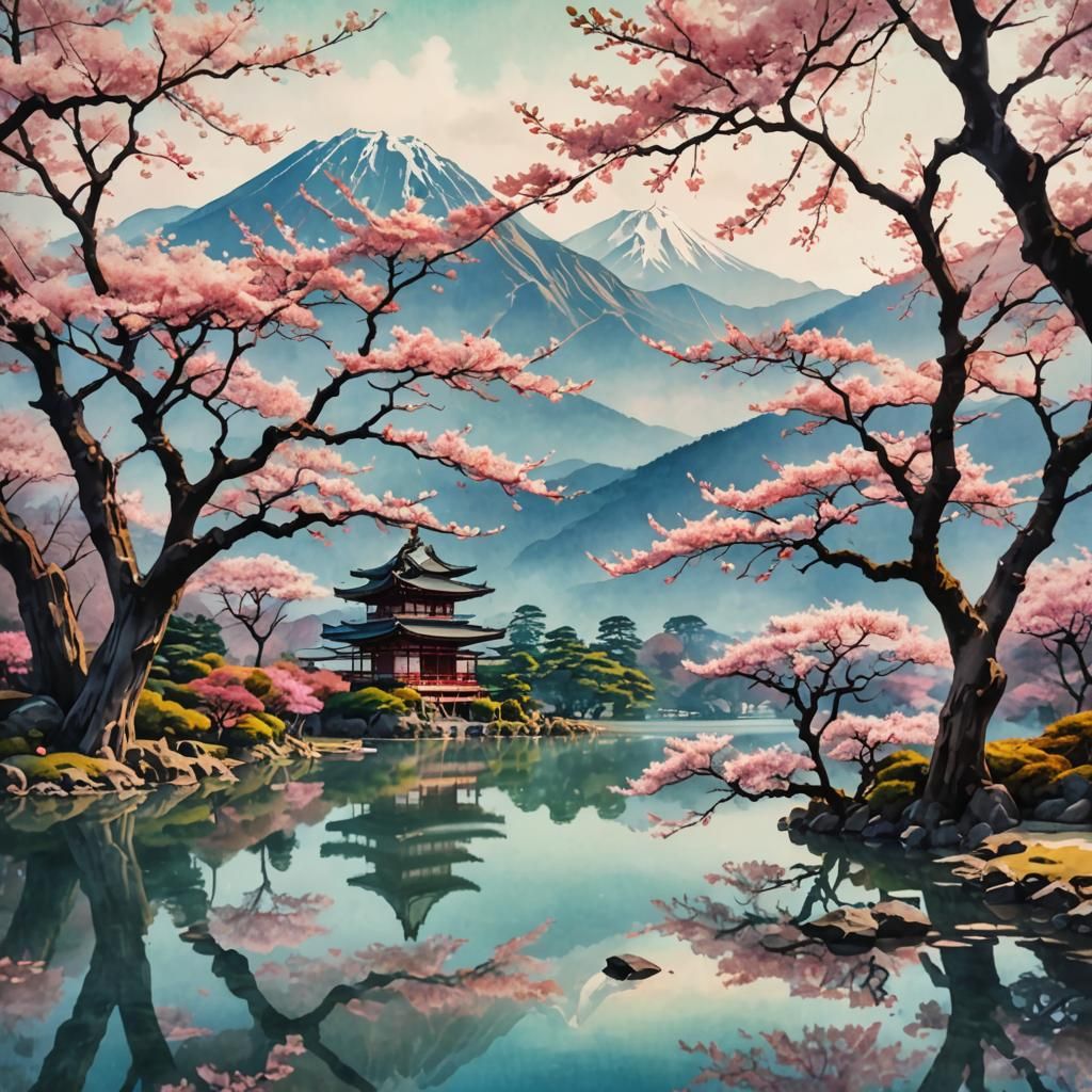 Sakura Tree by Lake: Double Exposure Watercolor