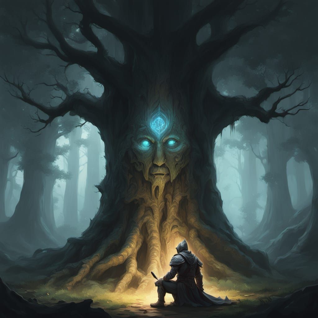 Knight Kneels Before Ancient Forest God Tree
