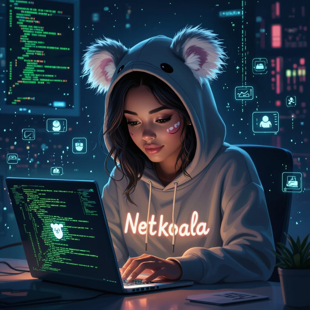 Koala Hoodie Girl in Neon Tech Room