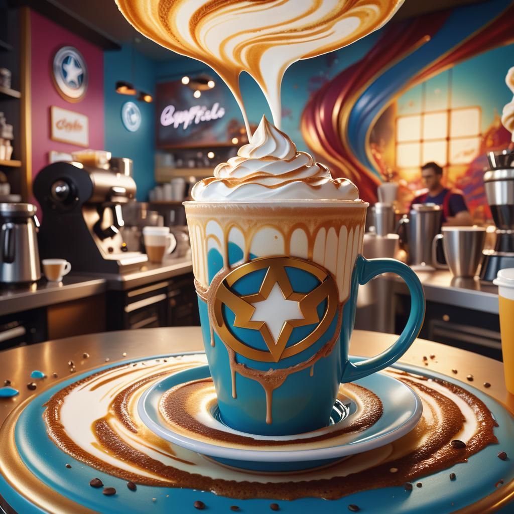 Surreal Coffee House Elegance with Superhero Flair in Cinema...