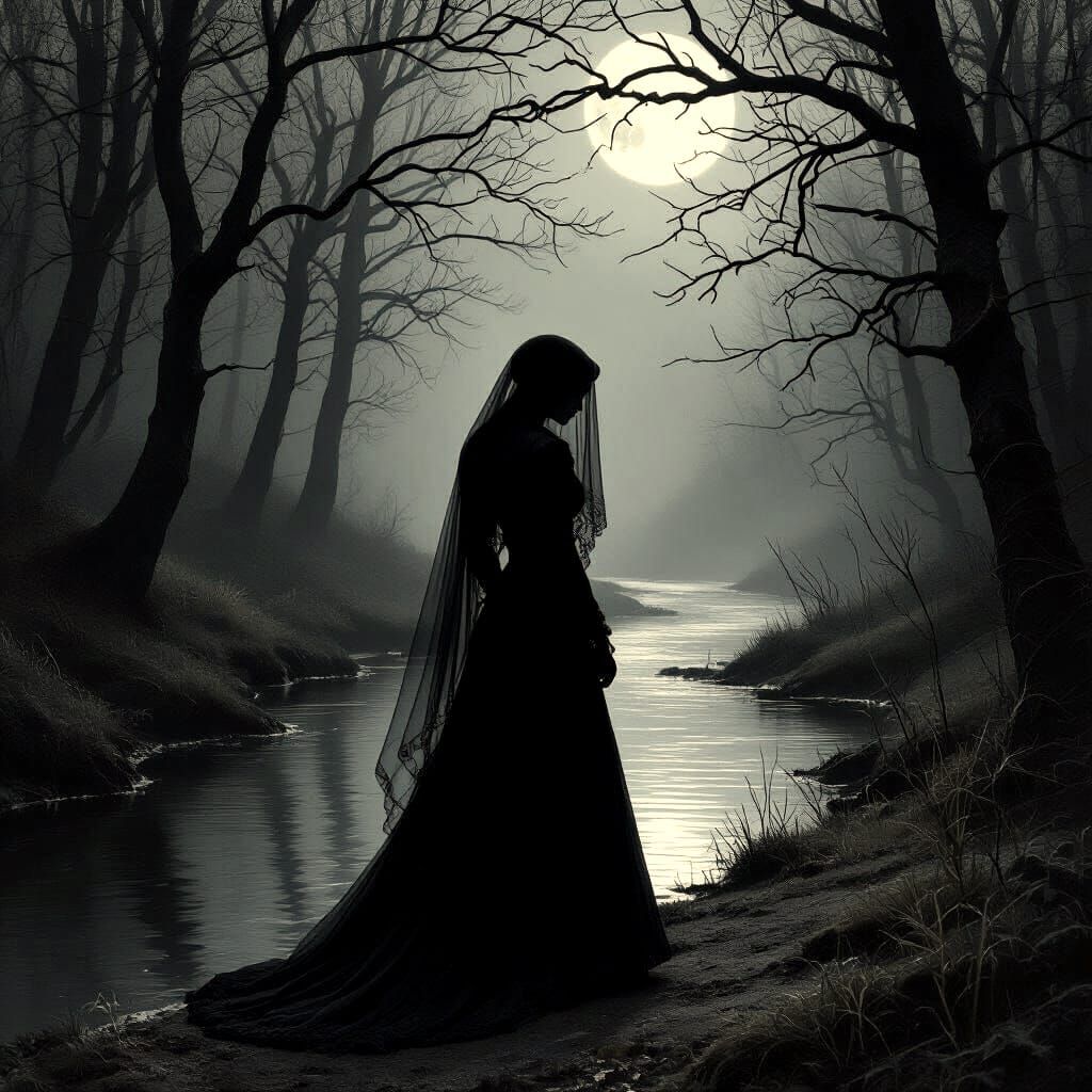 Gothic Widow in Forest Mourning by Stream