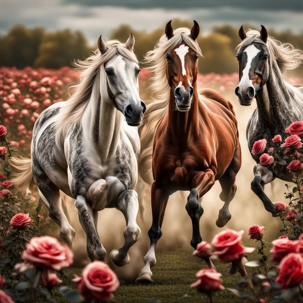 Paint horses galloping in a meadow of roses