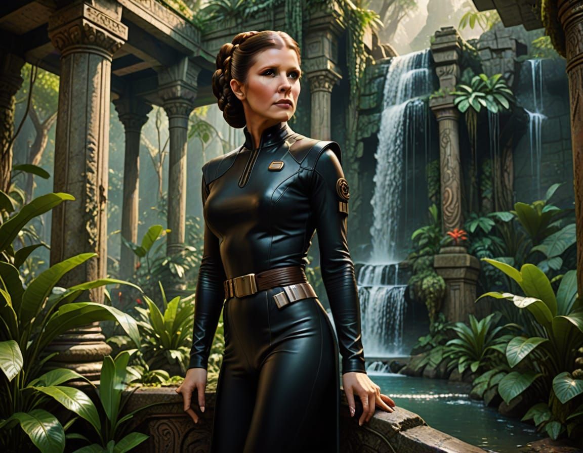 Princess Leia in Black Leather Catsuit by Waterfall
