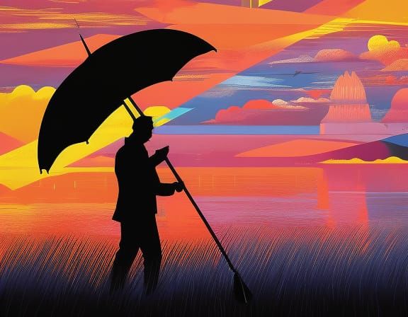 Old Man Paints Sky with Umbrella in Pop Art Style