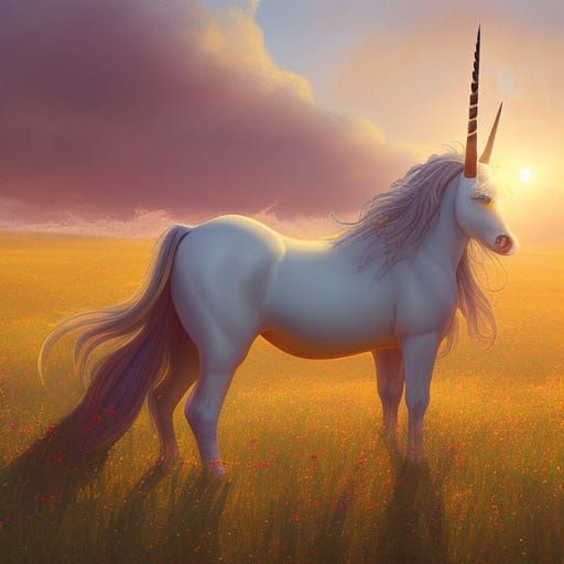 Unicorns in Flower Meadow, Romanticism Style