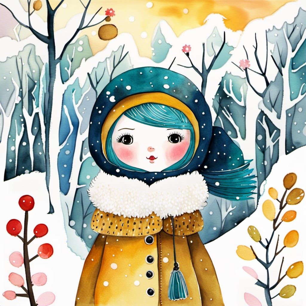 Cute Doll in Snowy Forest, Watercolor Art Brut