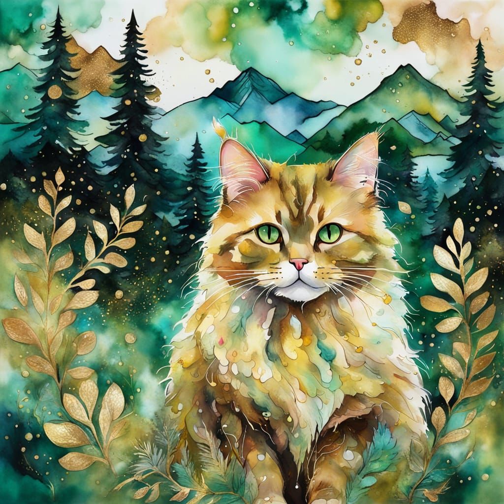 Fluffy Cat in Gold and Green Alcohol Ink Painting
