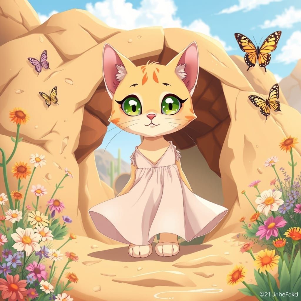 Sand Cat in Summer Dress Amidst Desert Flowers