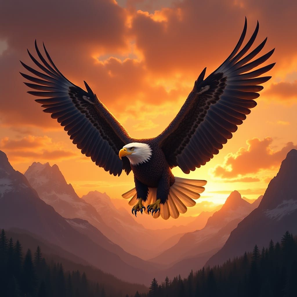 Majestic Bald Eagle in Flight at Sunset