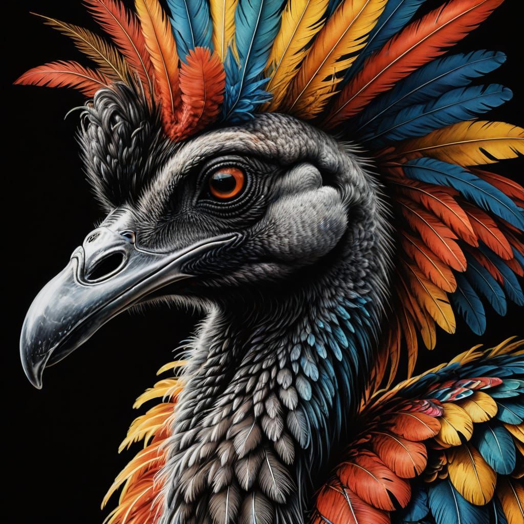 Moa Bird Portrait in Detailed Charcoal Art