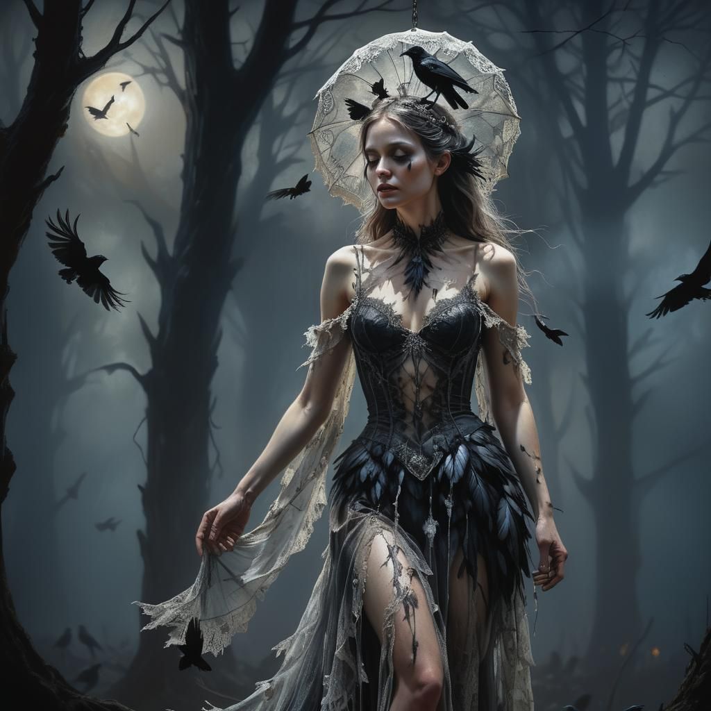 Gothic Fairy Feeds Crows in Hyperrealism