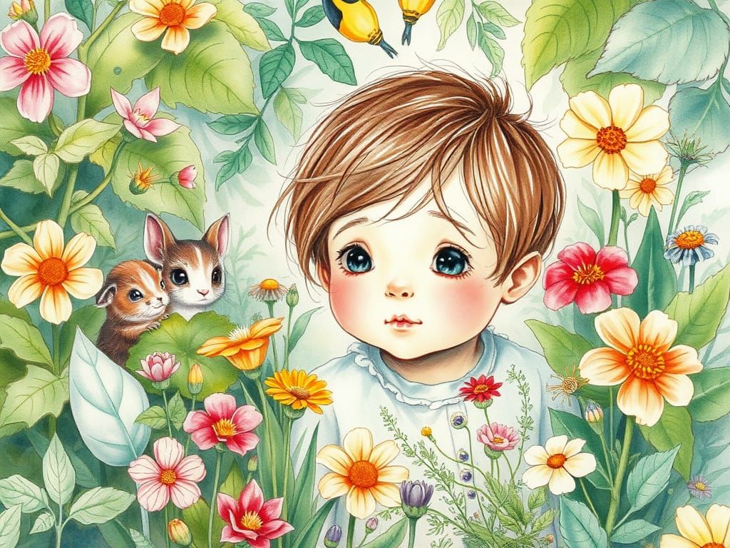Whimsical Watercolor Scene of a Curious Child in a Secret Ga...