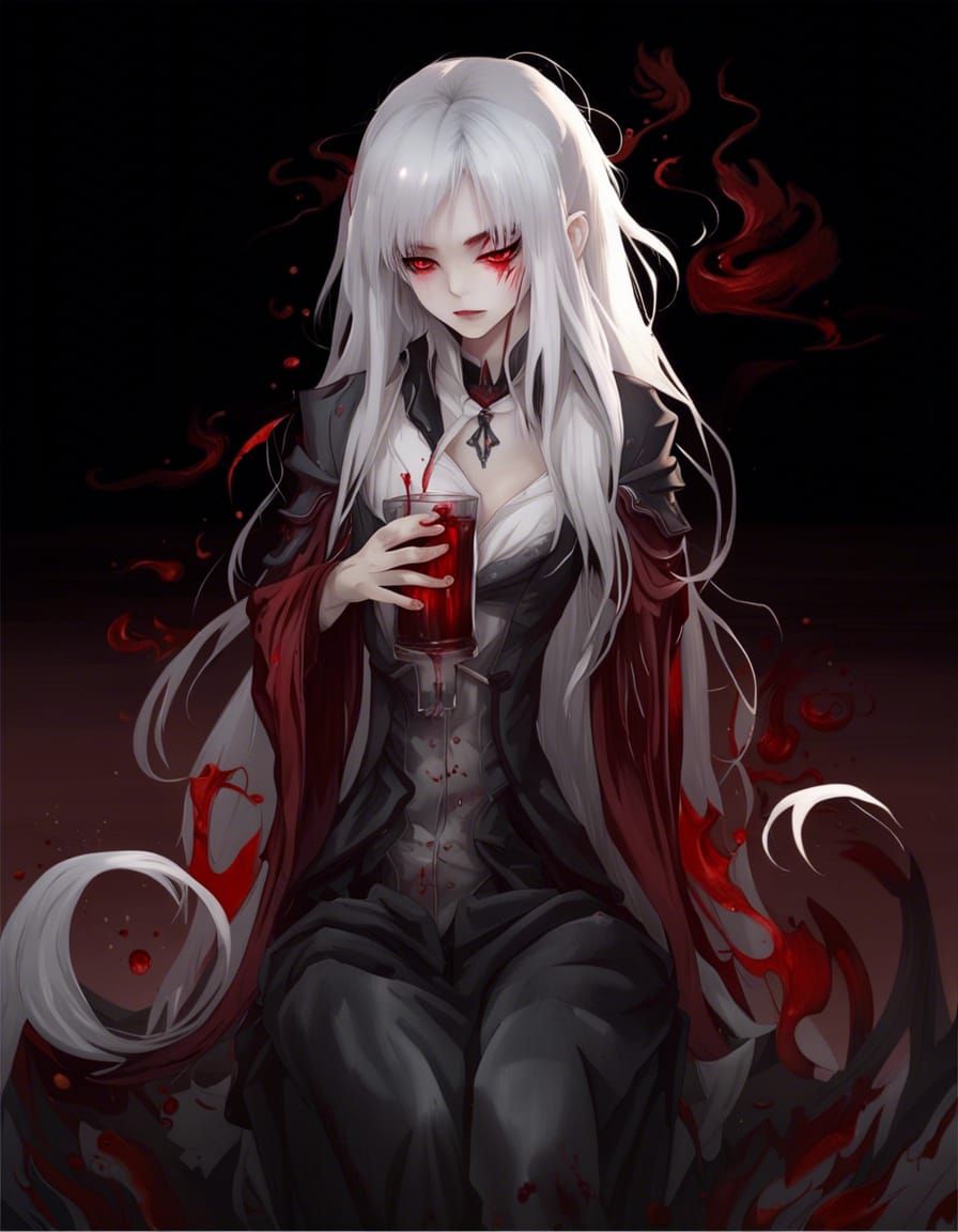 Anime Vampire Girl with Red Eyes Drinking Blood
