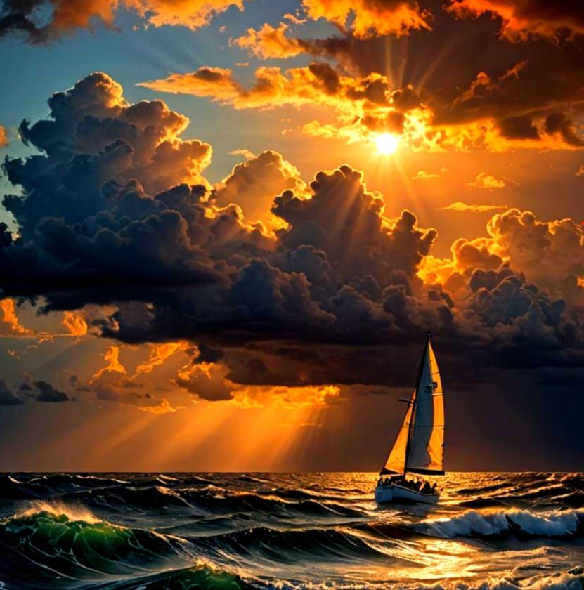 Small sailboat in dark, stormy seas with huge waves. Sun pea...