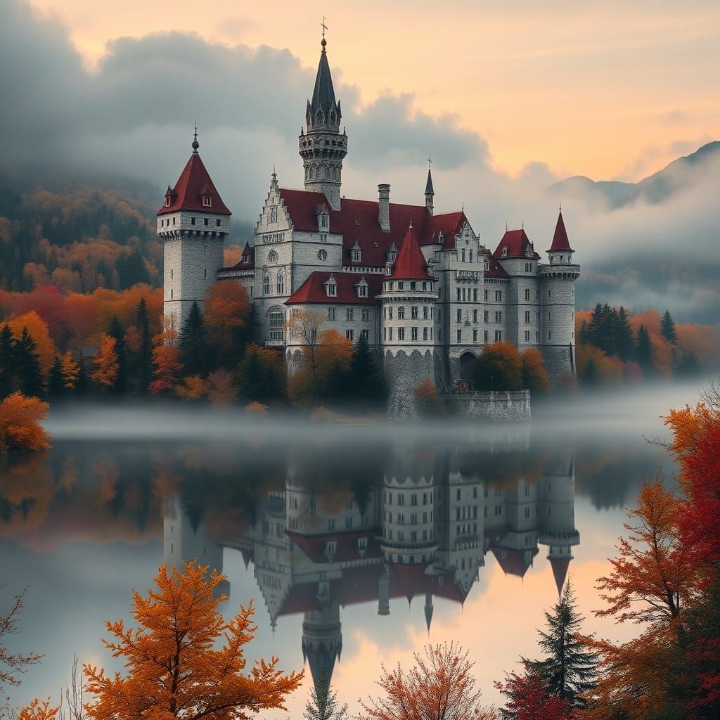 Misty Castle at Dawn: Turrets Above Reflecting Lake