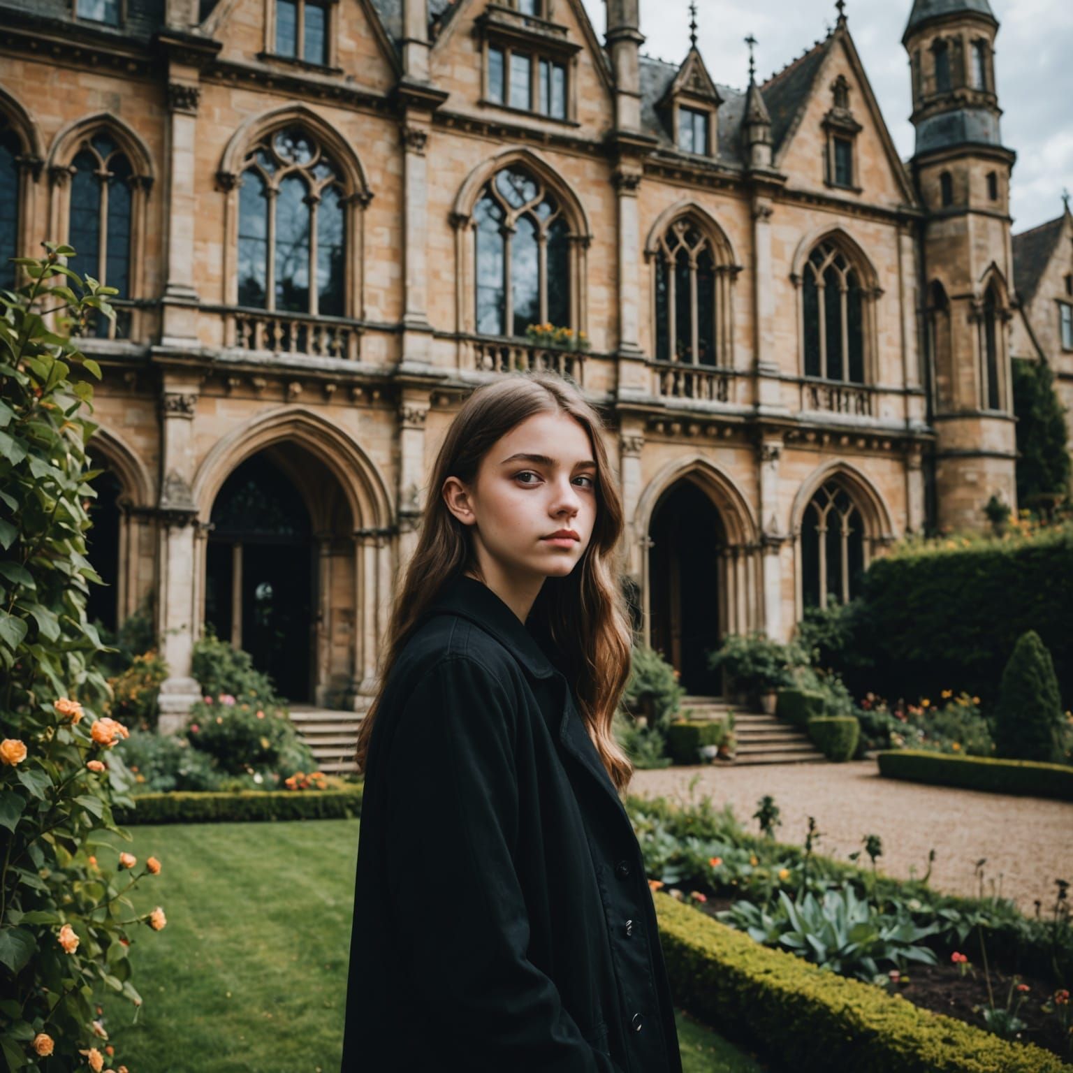 Teenager in Gothic Mansion Garden