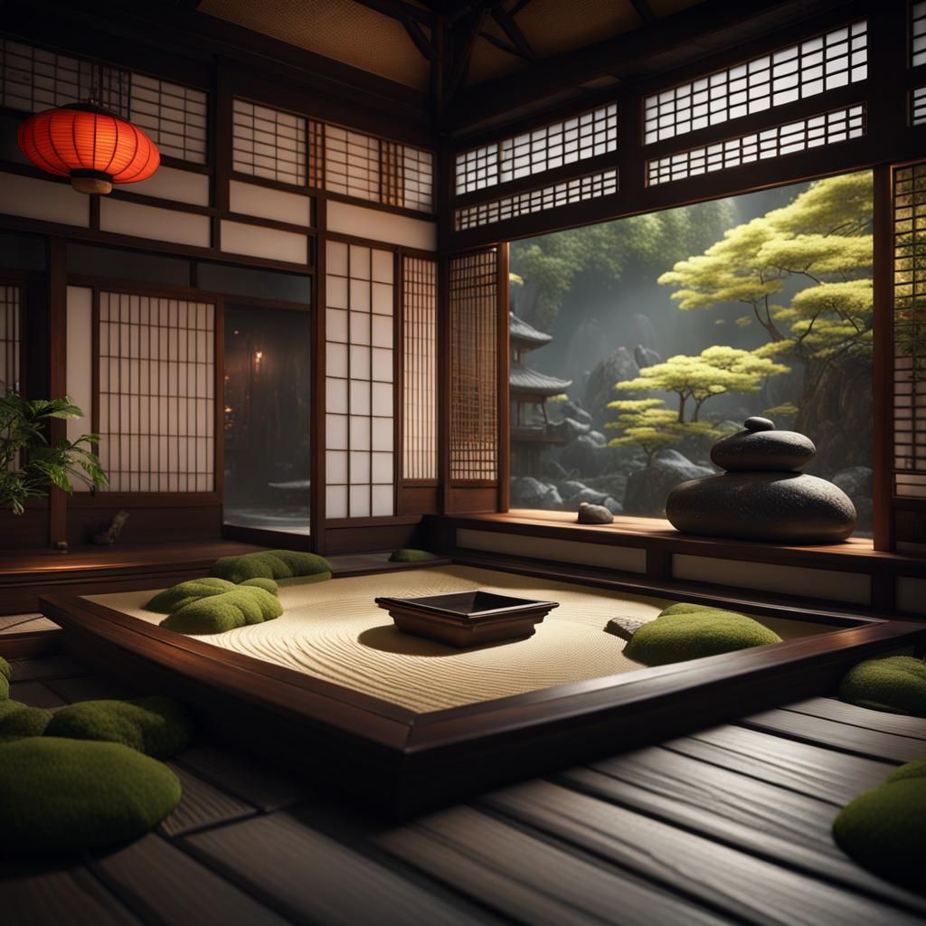 Zen Garden Inside Japanese Hut: Fantasy Concept Art