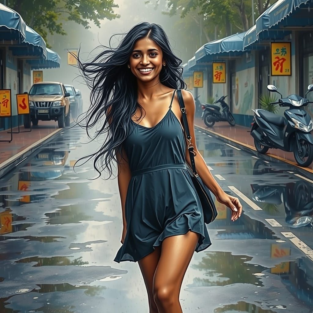 Surreal watercolor of 21 year old Indian woman walking after rains