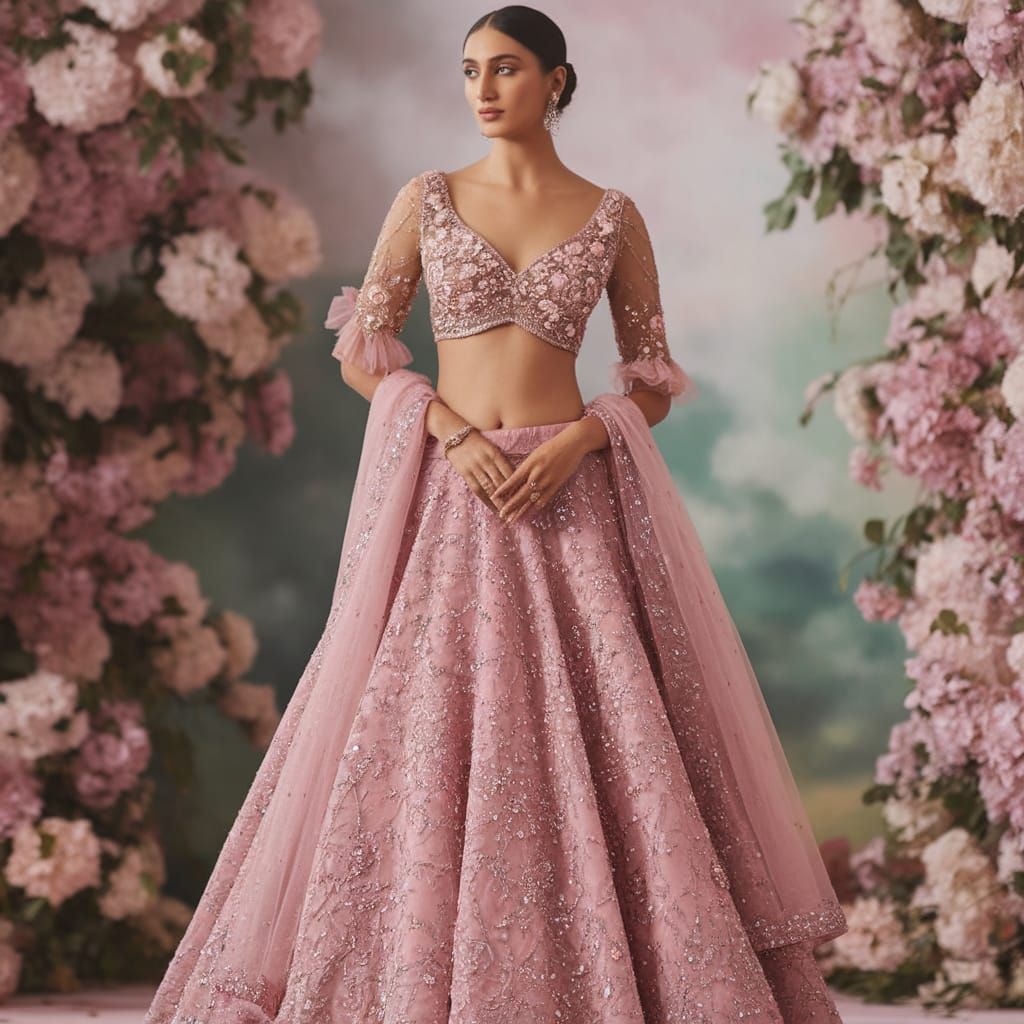 Regal South Asian Woman in Pastel Pink Lehenga