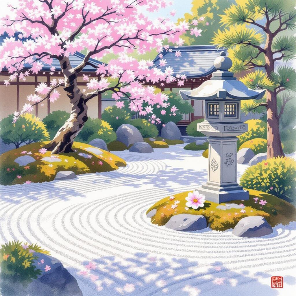 Watercolor Japanese Garden with Cherry Blossoms and Stone La...