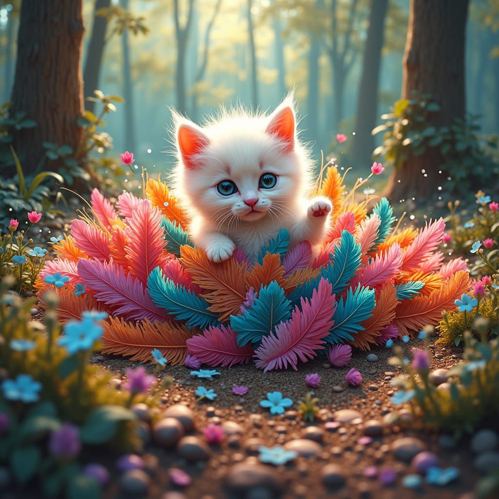 Ragdoll Kitten Plays in Feathers, Graffiti Splash Art
