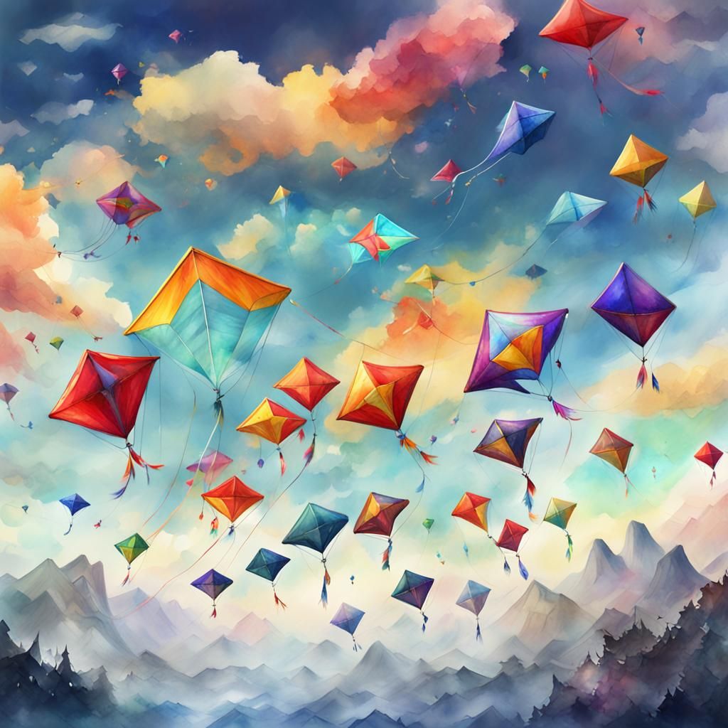 Colorful Kites Soar in Detailed Watercolor Painting