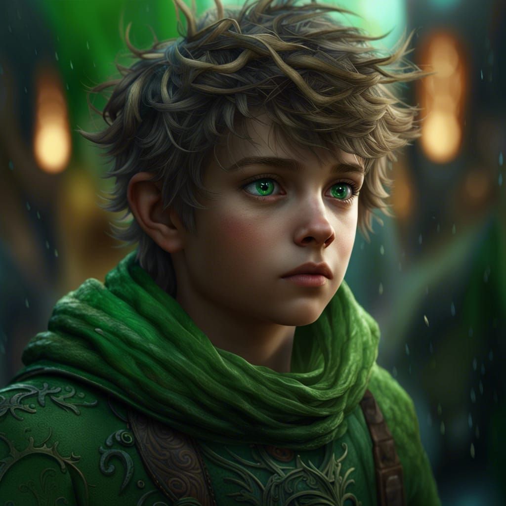 Green-Eyed Boy's Determined Stare: Detailed Digital Art