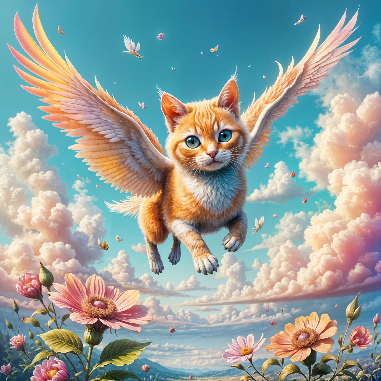 Whimsical Cat-Bird Soars Through Fantasy Sky