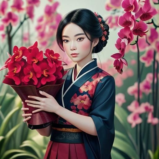 Beautiful Mulan with Red Orchids, Disney Style