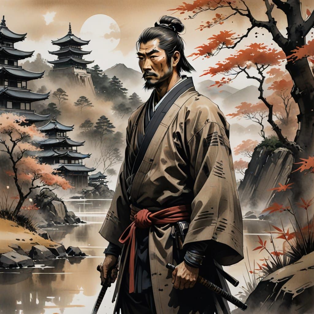 Ronin in Tranquil Japanese Landscape as Sumi-e Painting