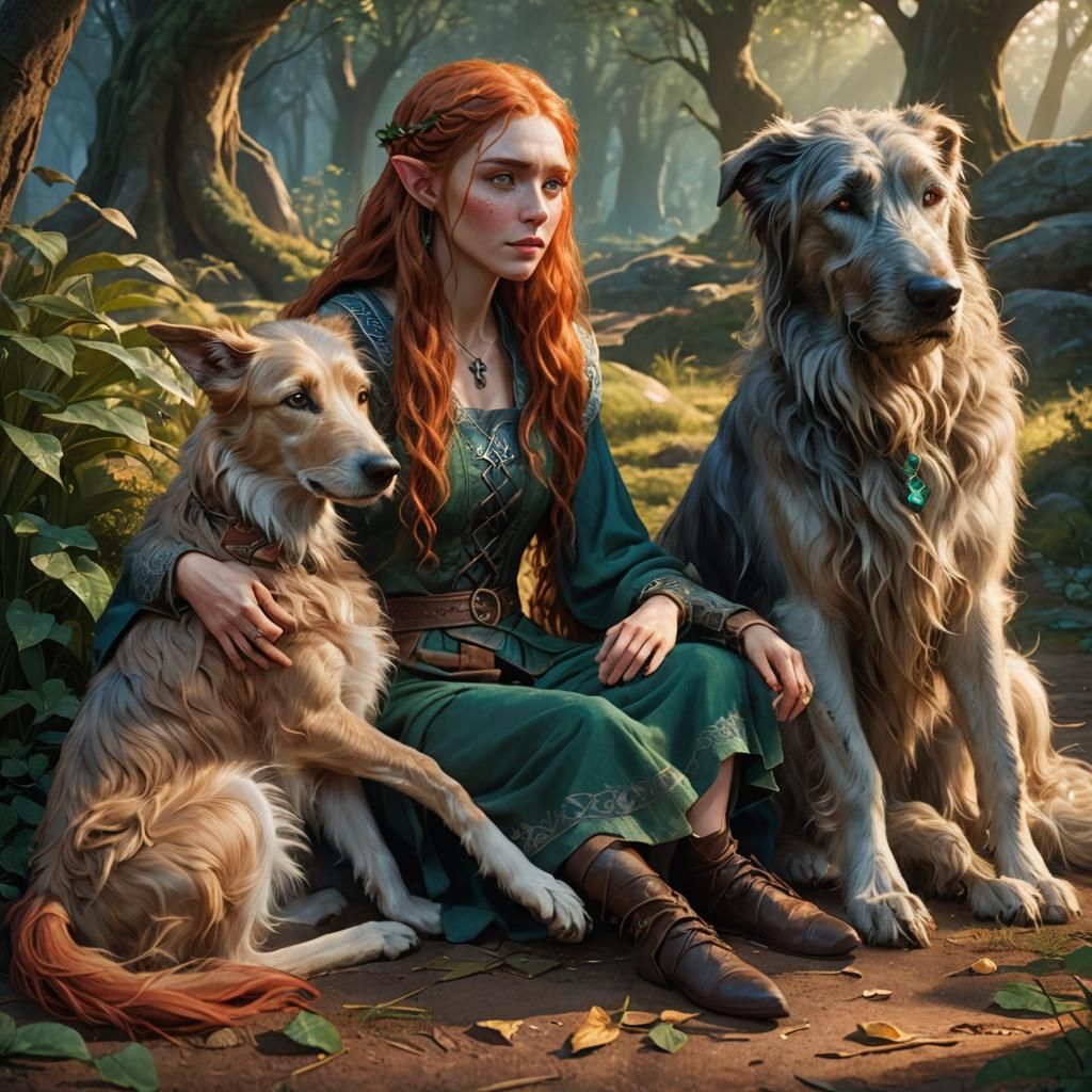 A young female elf with long red hair and blue eyes, sitting...