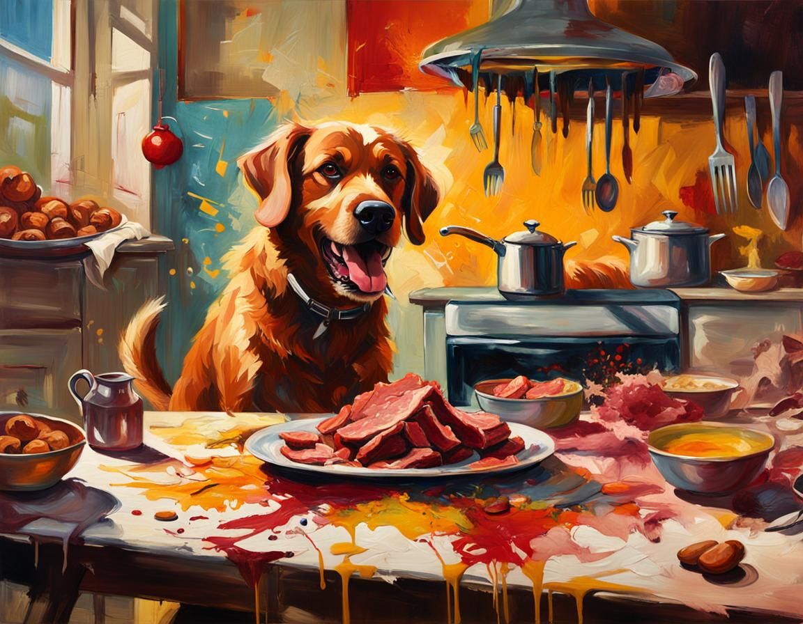 Dog Stealing Meat, Expressive Oil Painting