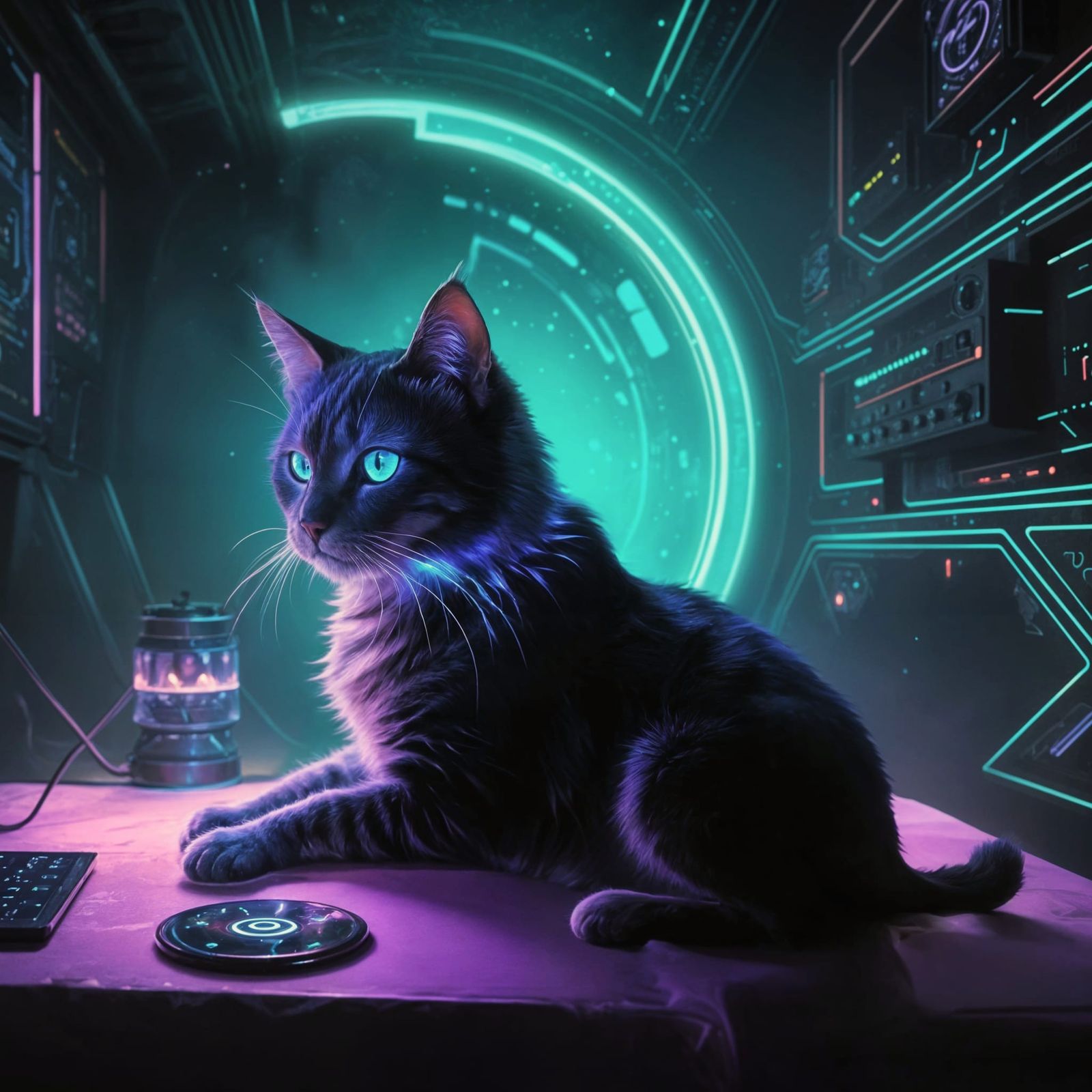 Beautiful Cat in Surreal High-Tech Sorcerer's Lair