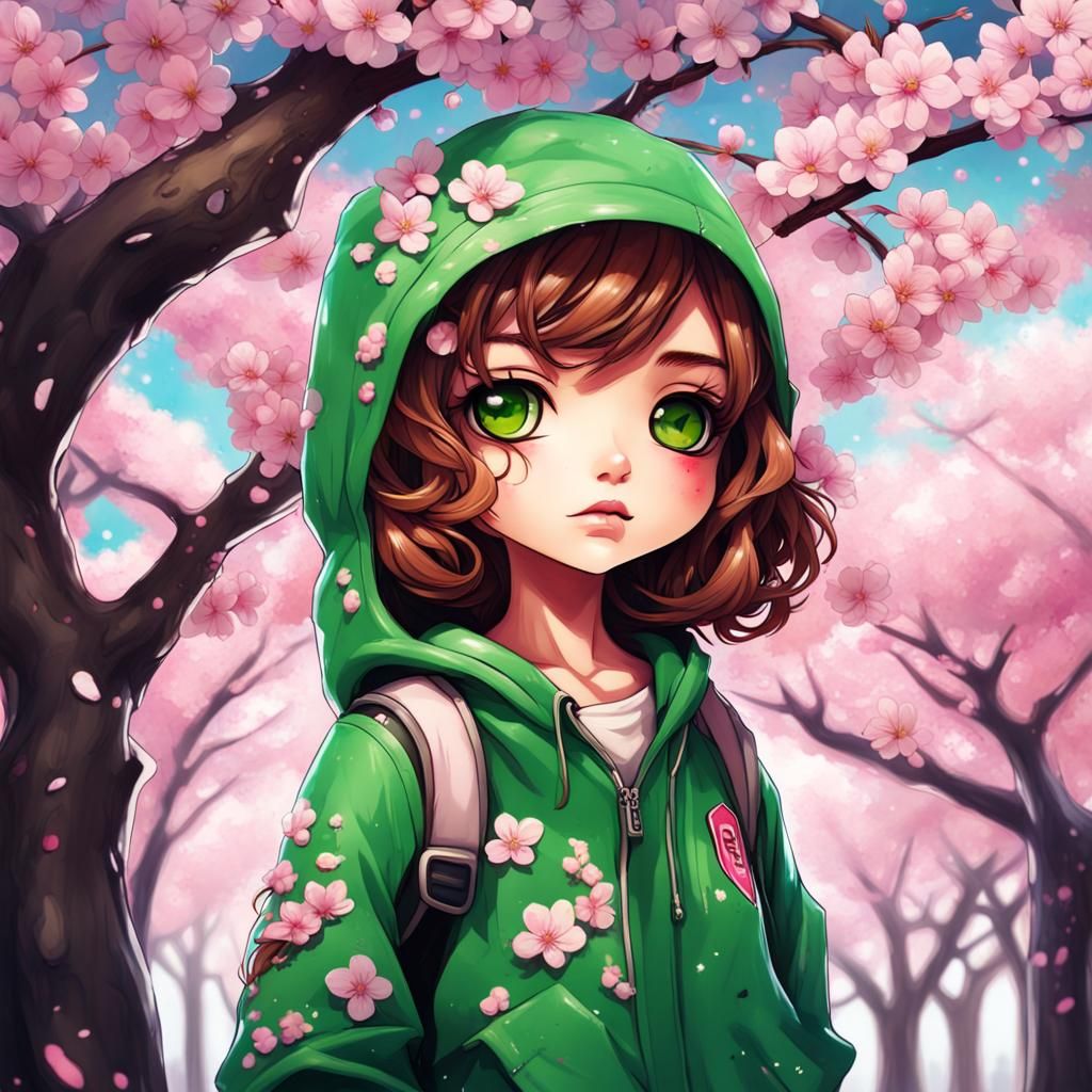 Chibi Girl Surrounded by Cherry Blossoms in Graffiti Art