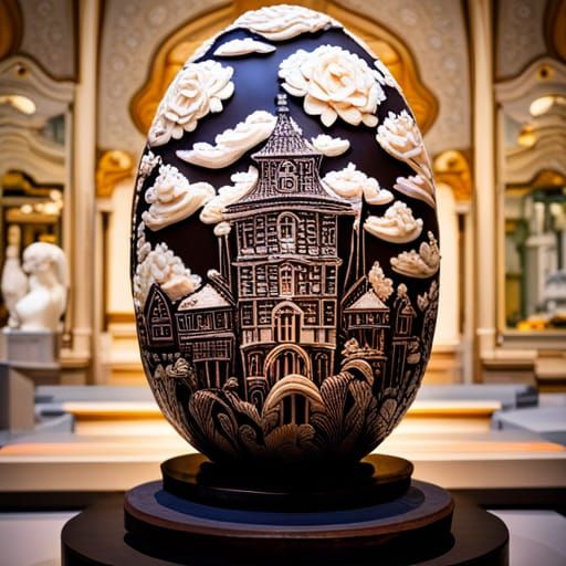 Delicious Huge dark chocolate egg decorated with white meringue guards, and 3D sugar flowers dark academia bokeh art nou...
