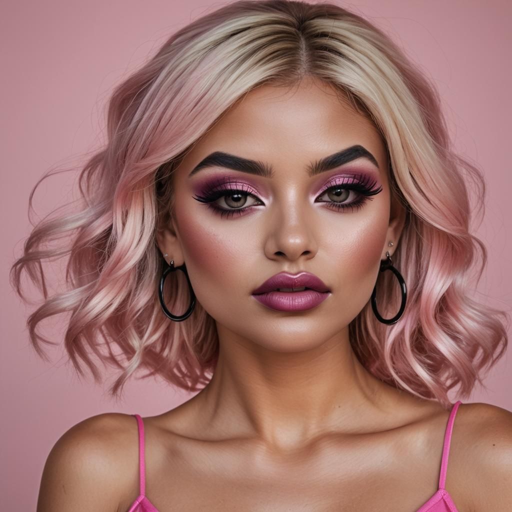 Hyperrealistic Woman in Pink Dress with Glamorous Makeup