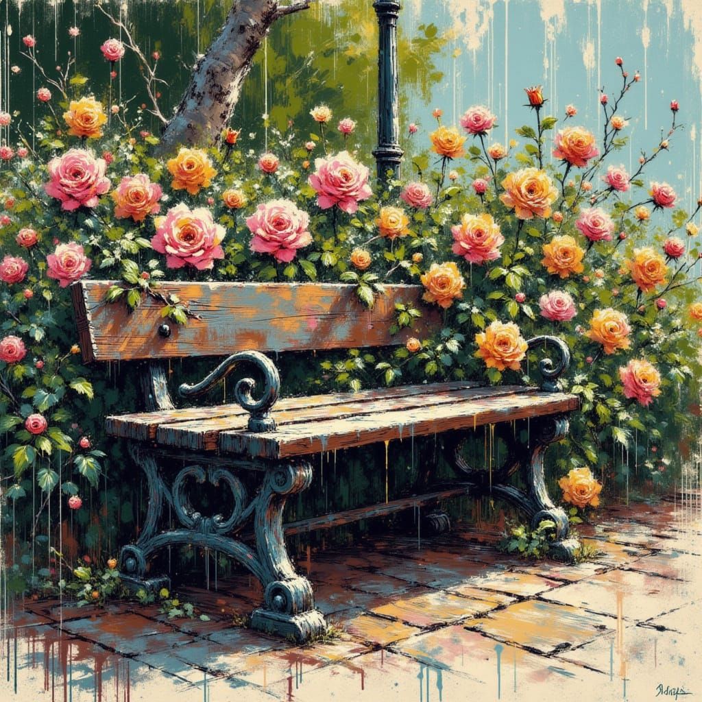 Vibrant Roses Bloom on Weathered Park Bench Oil Painting