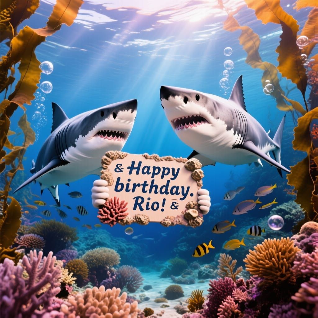 Great White Sharks Holding Birthday Sign Underwater