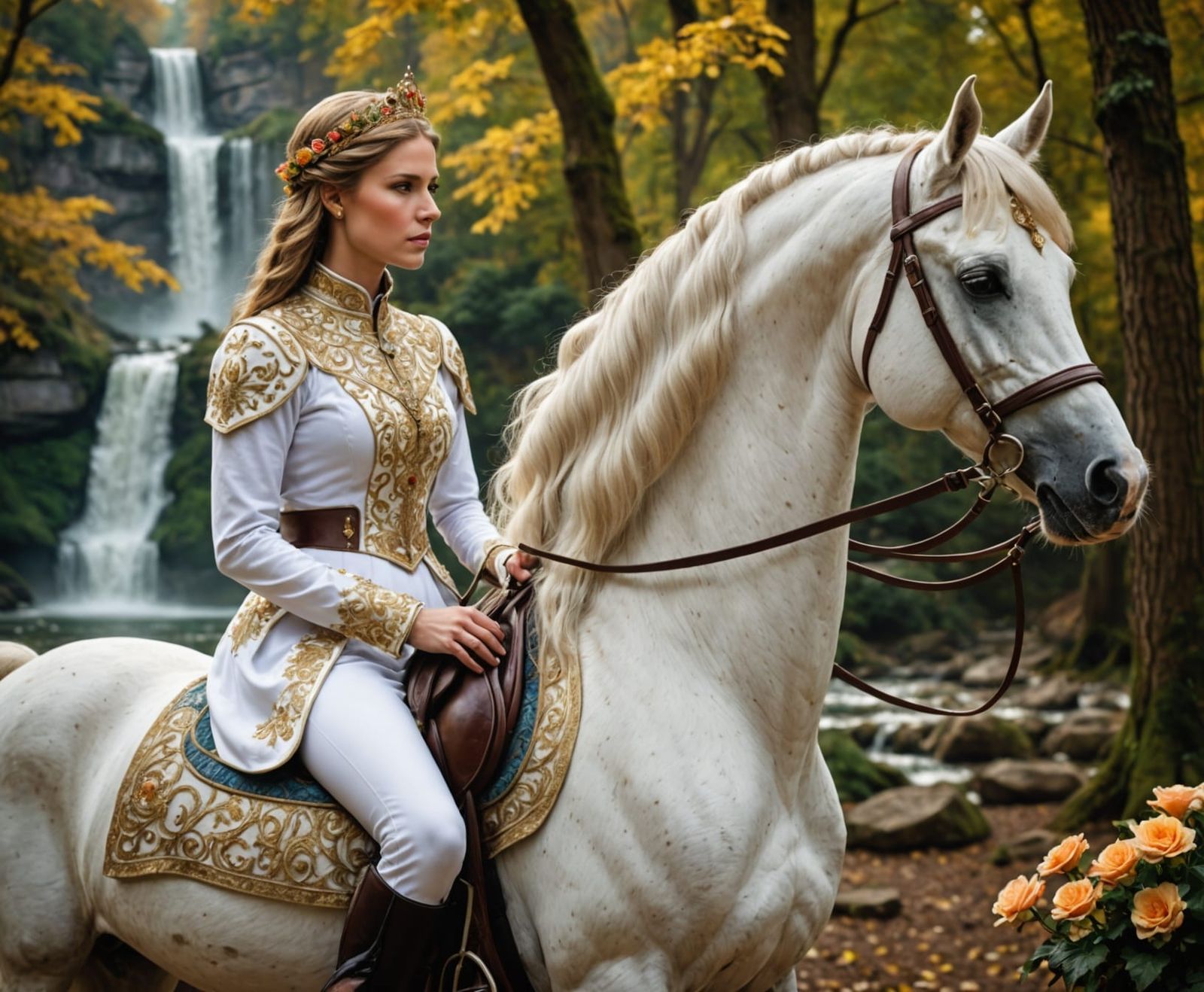 Queen on Arabian Horse in Mystical Forest