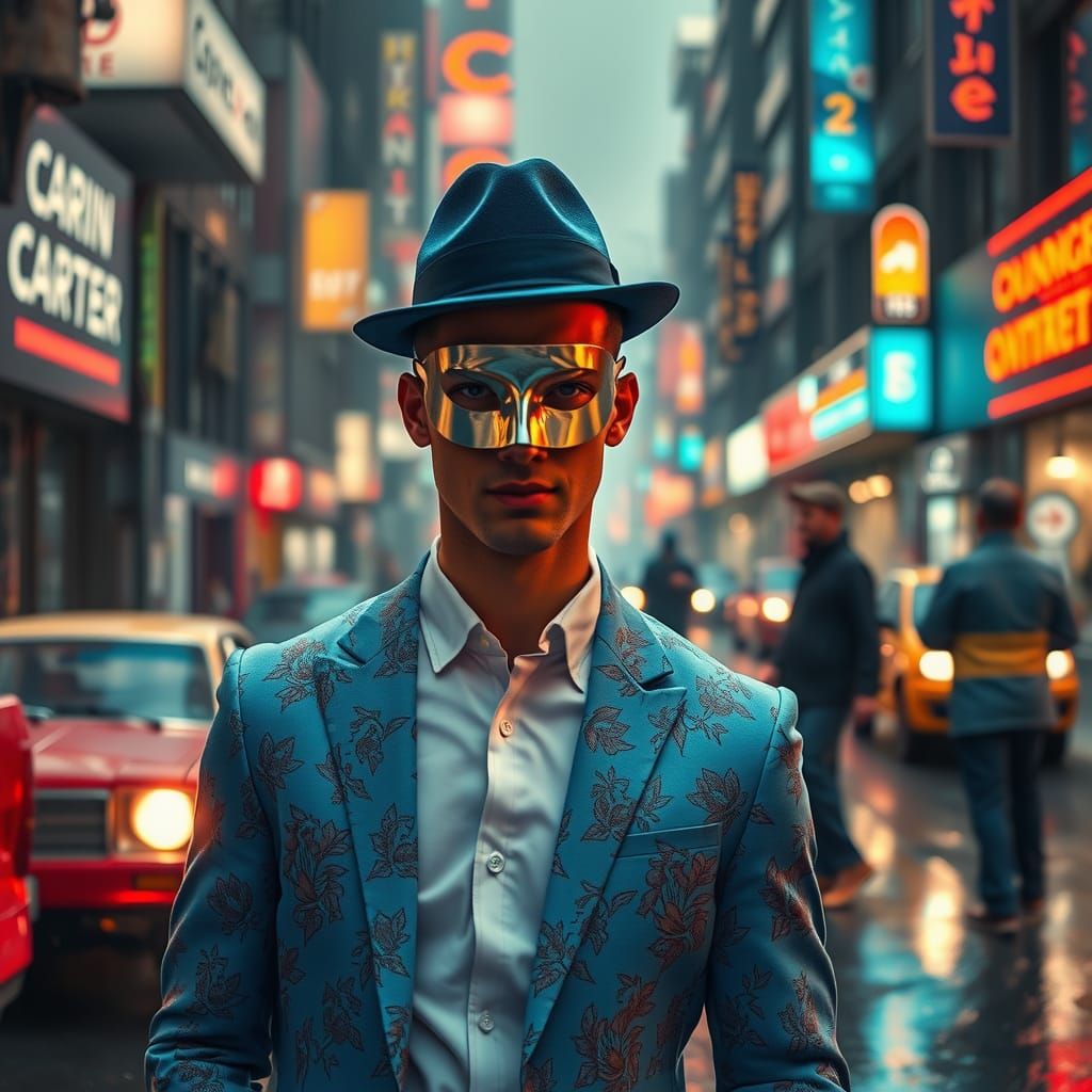 Man in Mask and Blue Suit in Rainy City